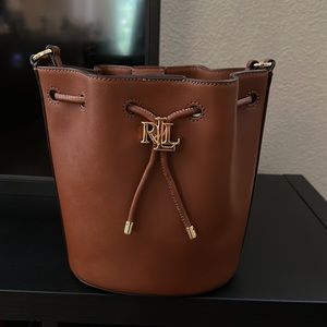 LRL Andie Drawstring Bag, tan color leather and gold tone fittings. Almost new.